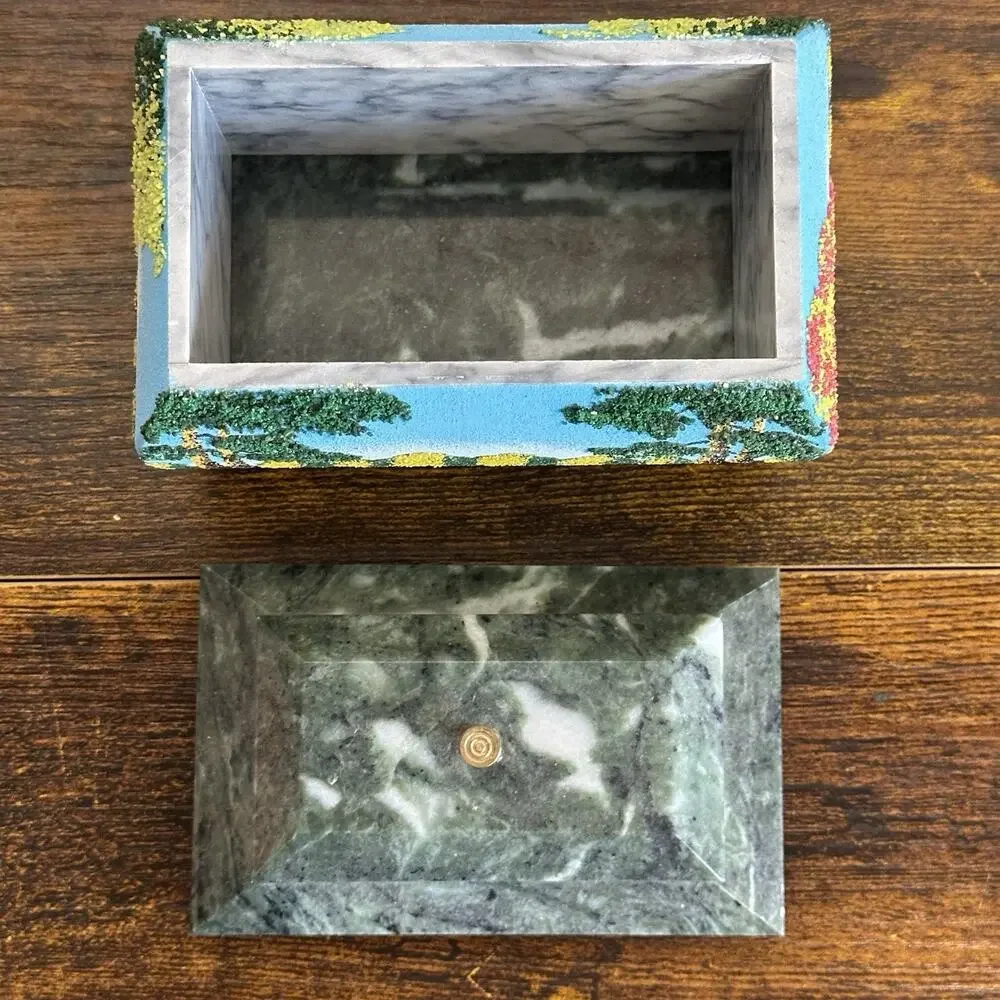 Vintage Russian Hand Painted 3D Coralene Trees Marble Footed Trinket Box Decor